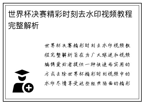 世界杯决赛精彩时刻去水印视频教程完整解析